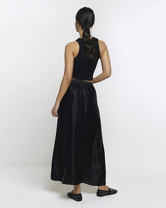 River Island satin tie waist maxi skirt Black Best