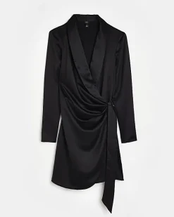 River Island satin wrap mini blazer dress Black Fashion