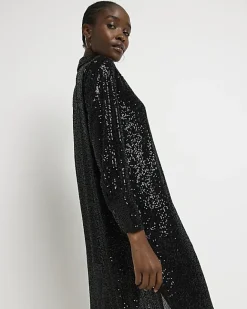 River Island sequin long sleeve midi shirt dress Black Fashion