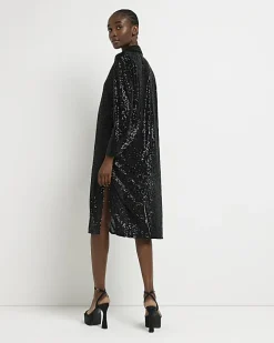 River Island sequin long sleeve midi shirt dress Black Fashion