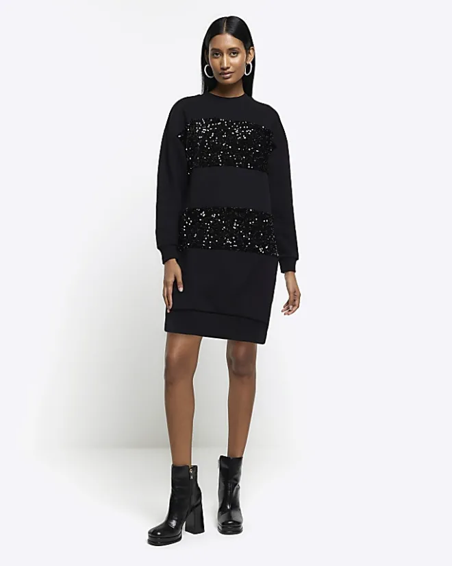 River Island sequin sweatshirt mini dress Black Sale