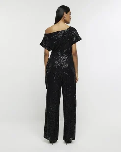 River Island sequin tie side jumpsuit Black Sale