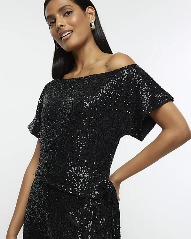 River Island sequin tie side jumpsuit Black Sale