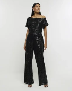 River Island sequin tie side jumpsuit Black Sale