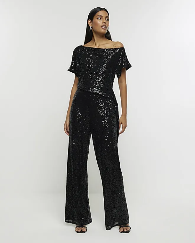 River Island sequin tie side jumpsuit Black Sale