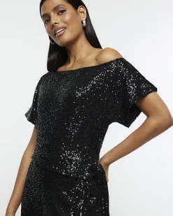 River Island sequin tie side jumpsuit Black Sale