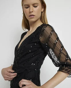 River Island sequin wrap midi dress Black Discount