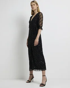 River Island sequin wrap midi dress Black Discount