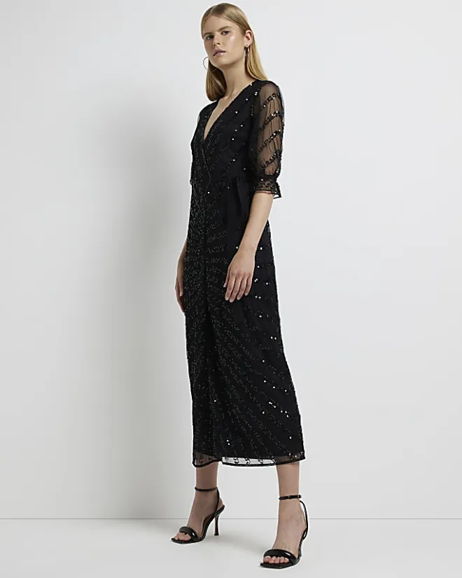 River Island sequin wrap midi dress Black Discount