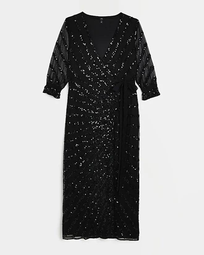 River Island sequin wrap midi dress Black Discount