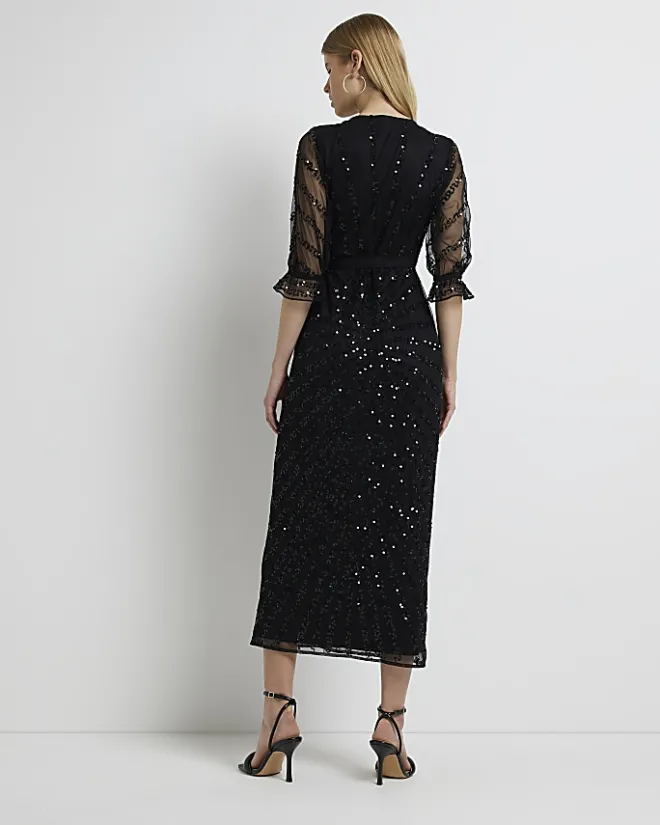 River Island sequin wrap midi dress Black Discount