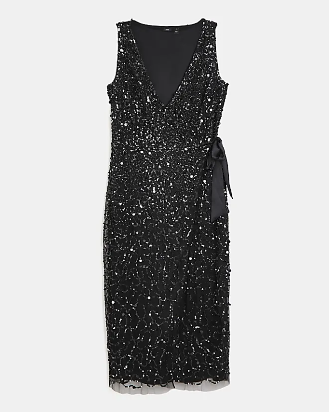 River Island Sequin Wrap Midi Dress Black New