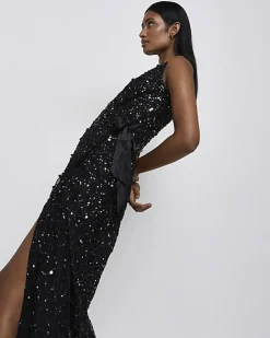 River Island Sequin Wrap Midi Dress Black New
