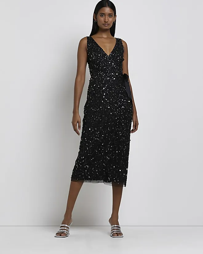 River Island Sequin Wrap Midi Dress Black New