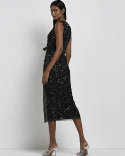 River Island Sequin Wrap Midi Dress Black New