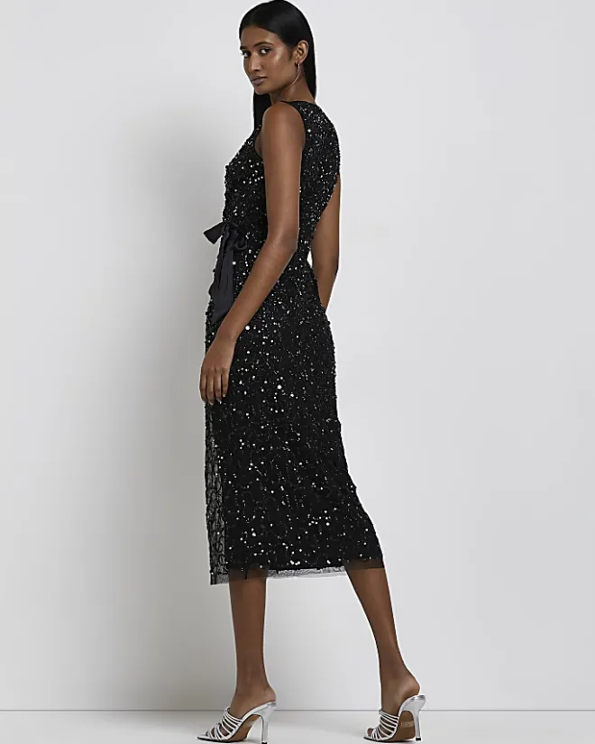 River Island Sequin Wrap Midi Dress Black New