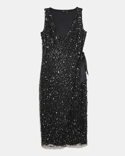 River Island Sequin Wrap Midi Dress Black New