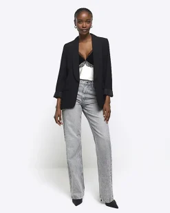 River Island shawl collar roll sleeve blazer Black Clearance