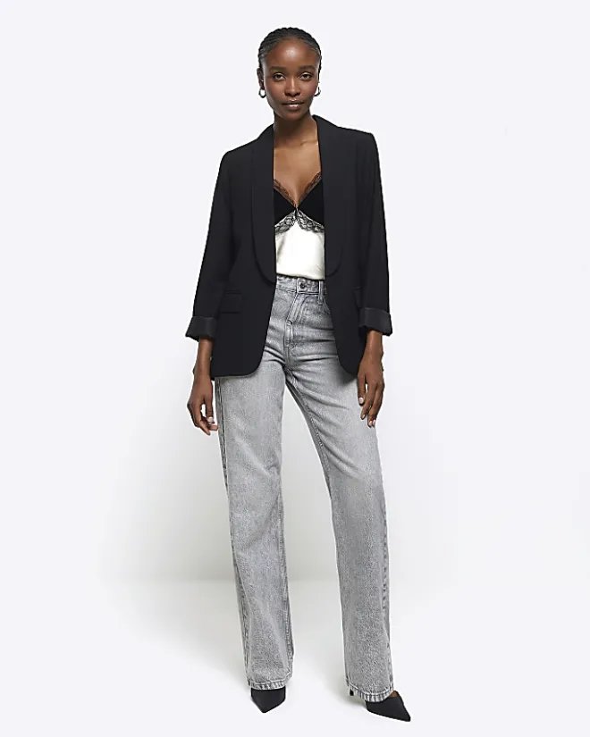River Island shawl collar roll sleeve blazer Black Clearance