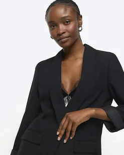 River Island shawl collar roll sleeve blazer Black Clearance