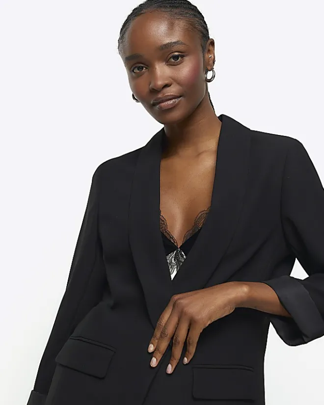 River Island shawl collar roll sleeve blazer Black Clearance