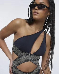 River Island shirred asymmetric swimsuit Black Outlet