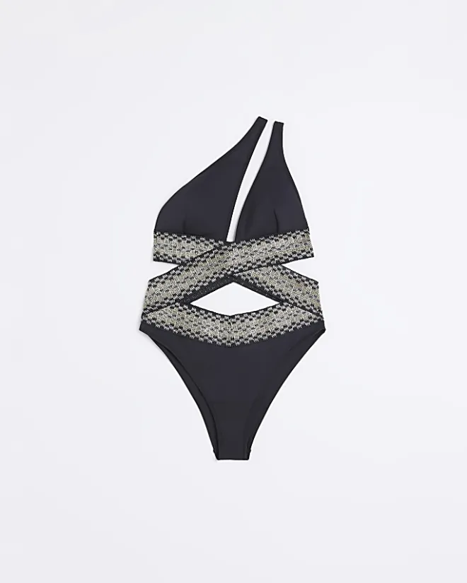 River Island shirred asymmetric swimsuit Black Outlet