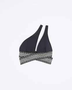 River Island shirred asymmetric bikini top Black Discount