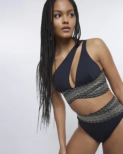 River Island shirred asymmetric bikini top Black Discount