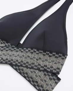 River Island shirred asymmetric bikini top Black Discount