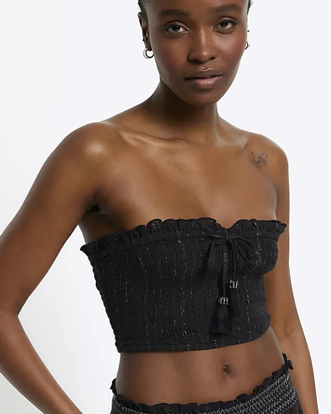River Island shirred glitter bandeau top Black Discount