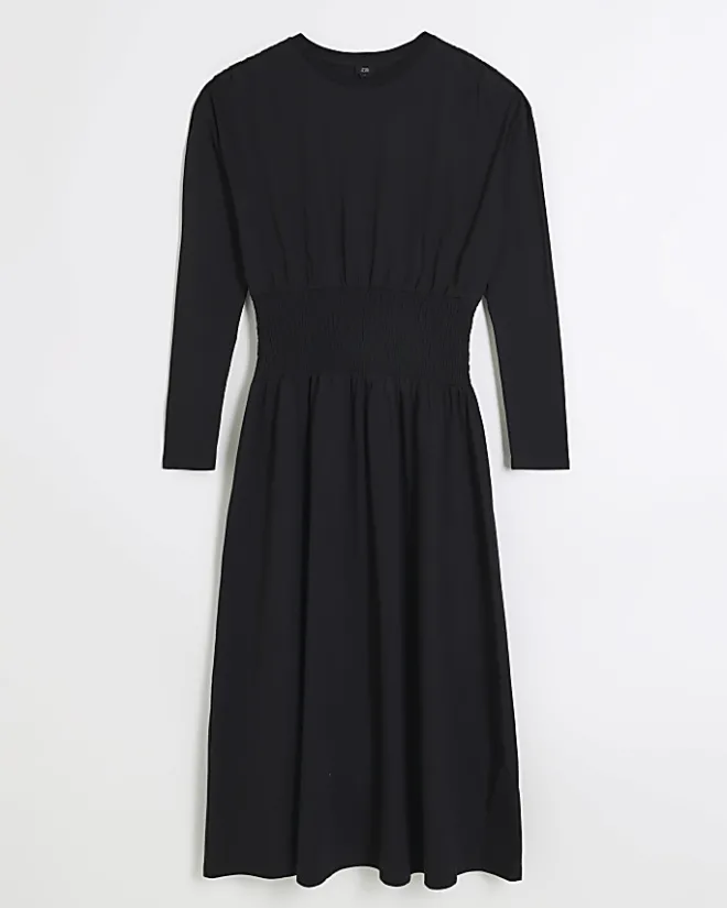 River Island shirred waist midi dress Black Outlet
