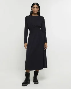 River Island shirred waist midi dress Black Outlet