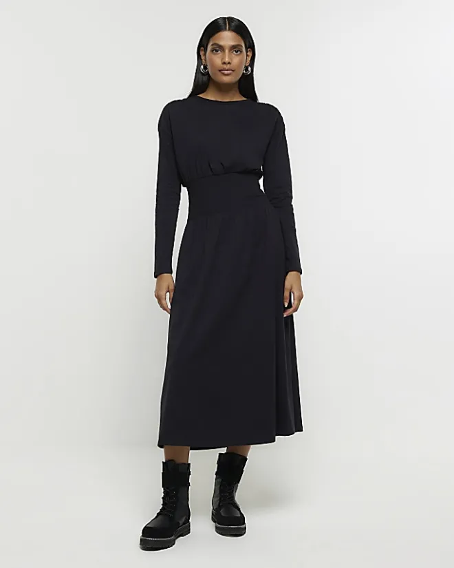 River Island shirred waist midi dress Black Outlet