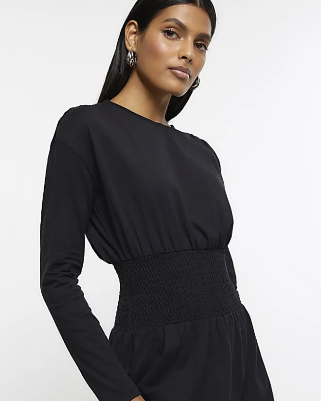 River Island shirred waist midi dress Black Outlet