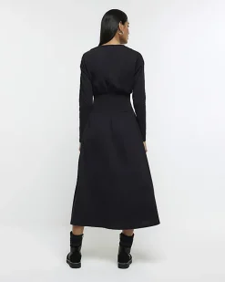 River Island shirred waist midi dress Black Outlet