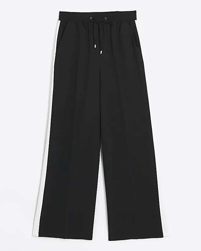River Island side stripe wide leg joggers Black Clearance