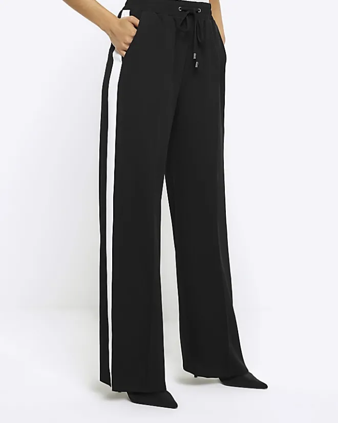 River Island side stripe wide leg joggers Black Clearance