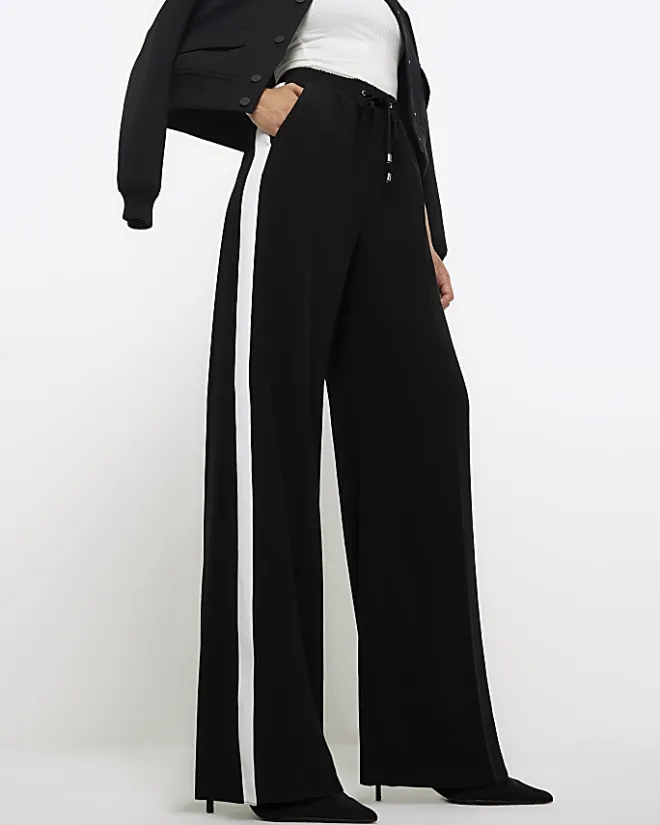 River Island side stripe wide leg joggers Black Clearance