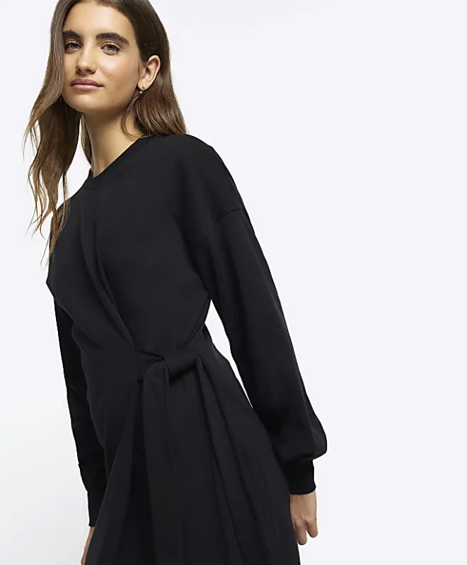 River Island Side Tie Sweat Mini Dress Black Sale