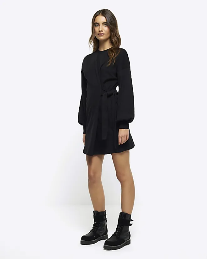 River Island Side Tie Sweat Mini Dress Black Sale