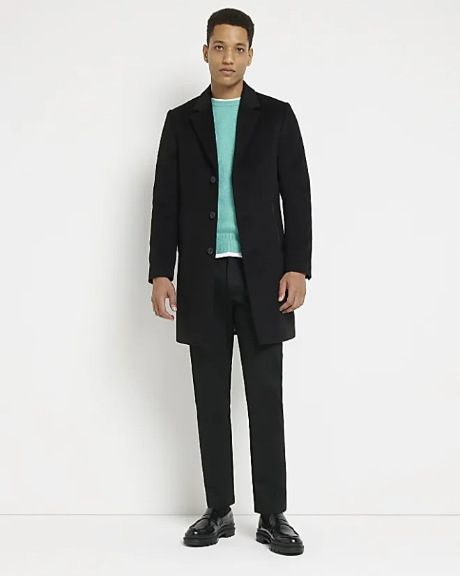 River Island single breasted overcoat Black Outlet