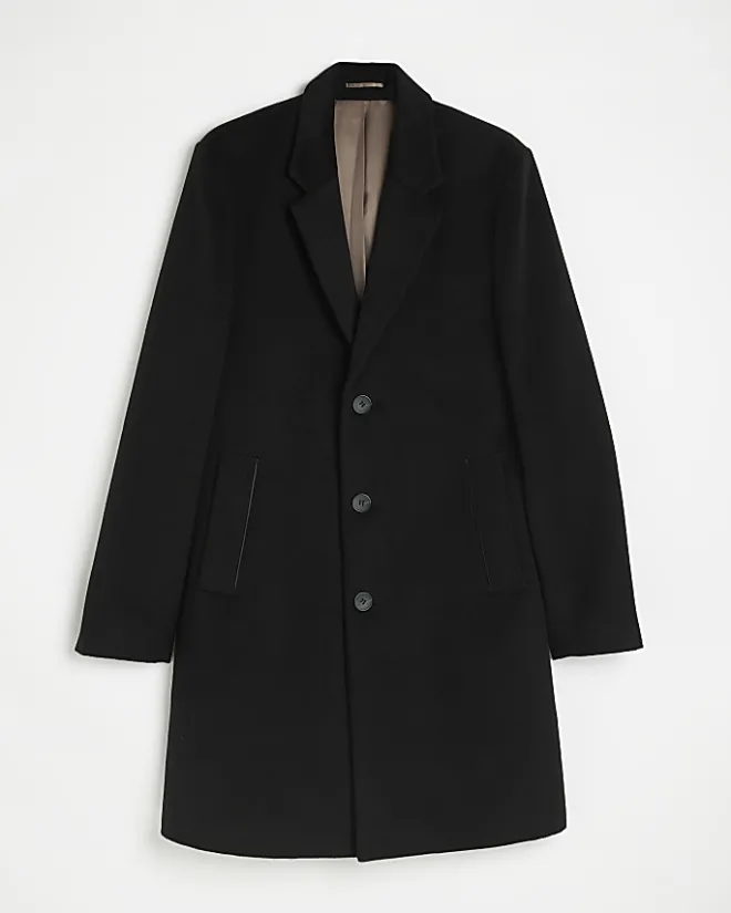 River Island single breasted overcoat Black Outlet