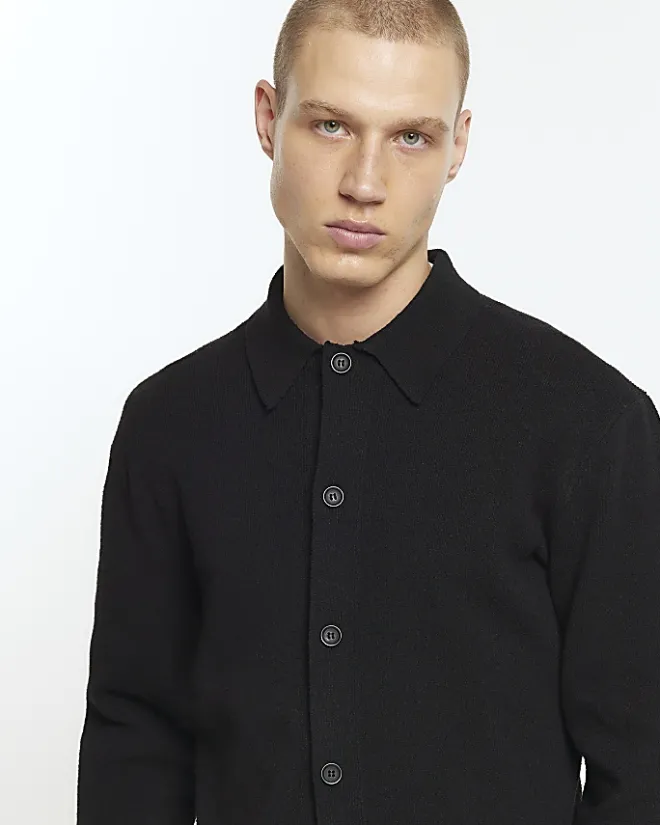 River Island slim fit boucle knit cardigan Black Outlet