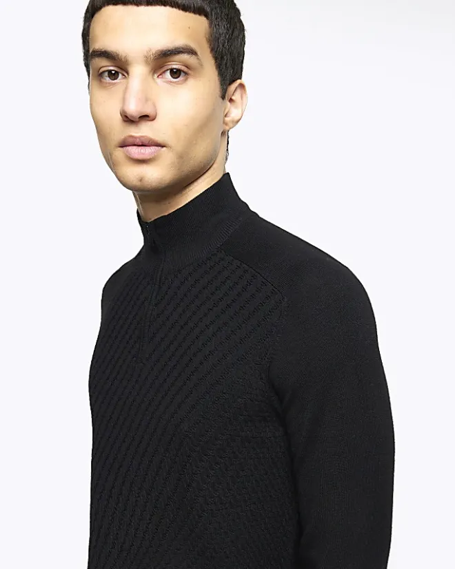 River Island slim fit diagonal half zip jumper Black Discount