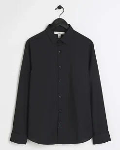 River Island slim fit double cuff smart shirt Black Fashion