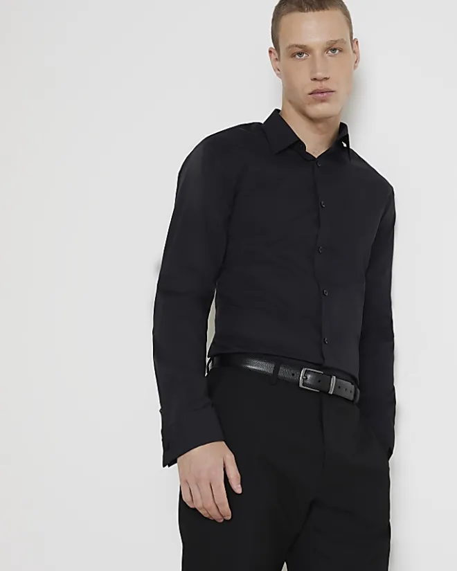 River Island slim fit double cuff smart shirt Black Fashion