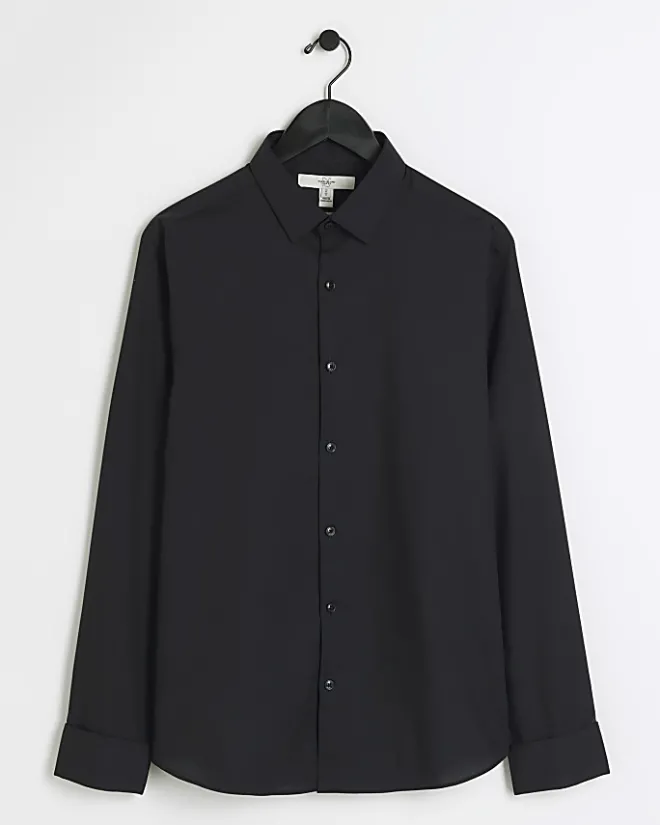 River Island slim fit double cuff smart shirt Black Fashion