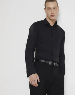 River Island slim fit double cuff smart shirt Black Fashion