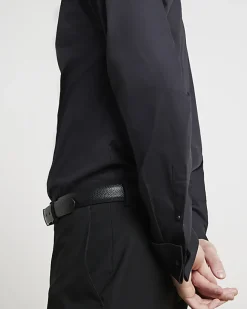 River Island slim fit double cuff smart shirt Black Fashion
